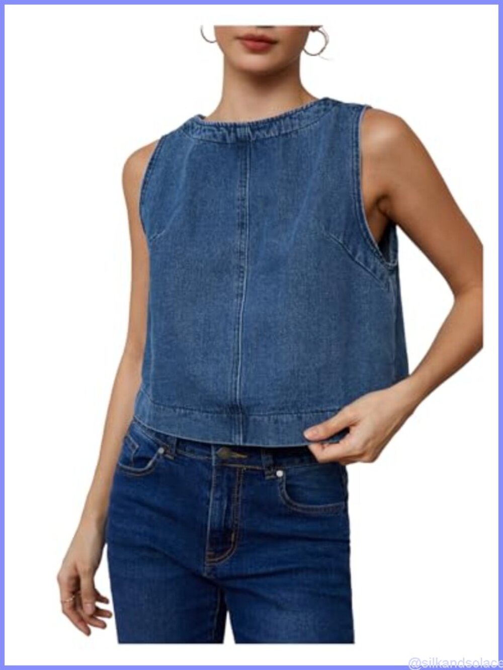 Women's Sleeveless Denim Tank Top with Zipper Back, Crew Neck, Medium Stretch
